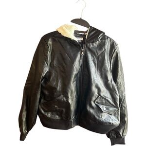 Alivia Ford black faux leather hooded bomber jacket Sz 1X